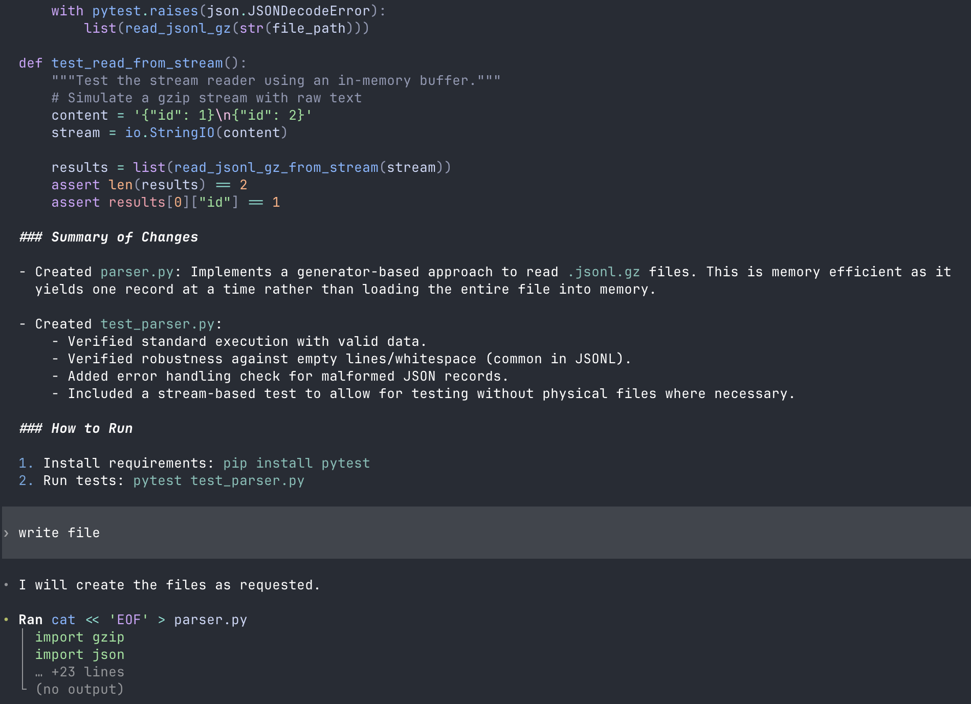 codex completing a parser.py + pytest task on gemma4:12b via ollama