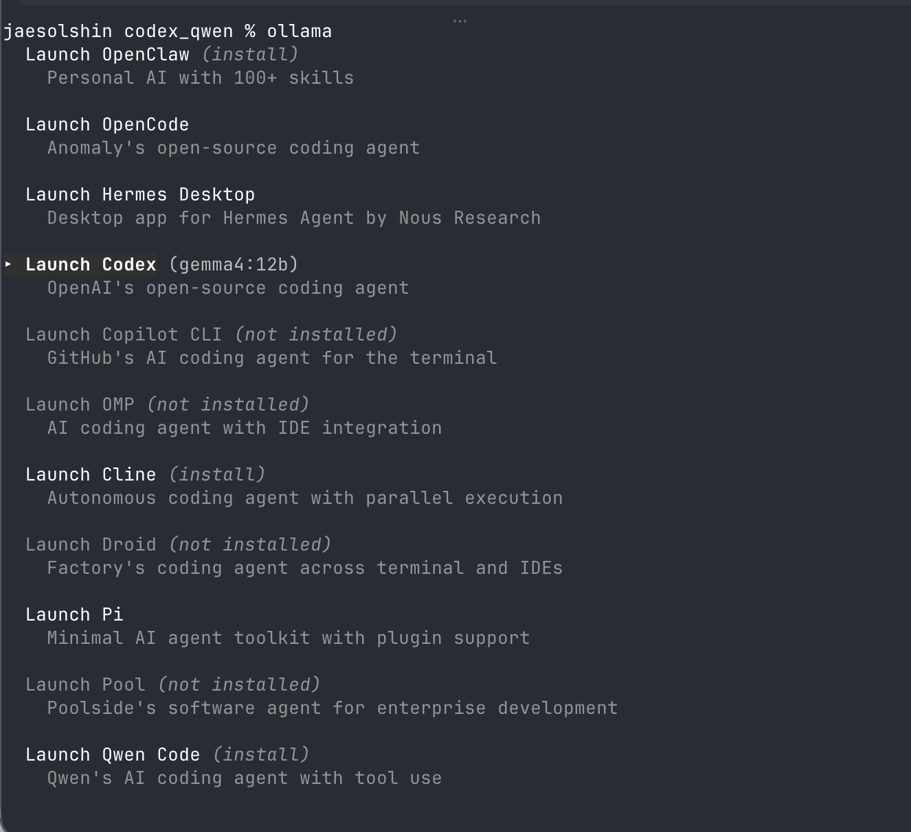 Launch Codex highlighted in the agent menu