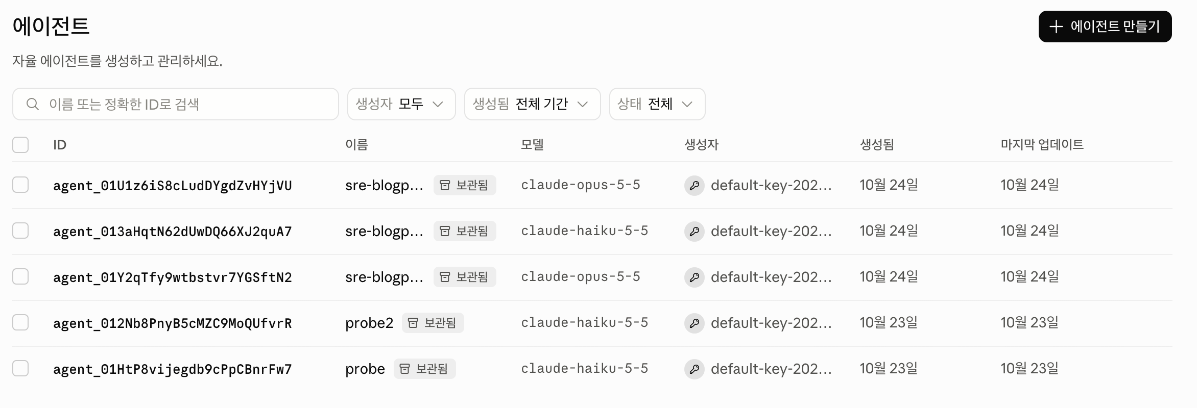 The Console agent list with the status filter set to All, Korean UI. All five agents appear with an Archived badge, along with their model, creator and creation date